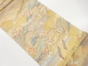 山並みに雲・花々・建物模様織出し袋帯